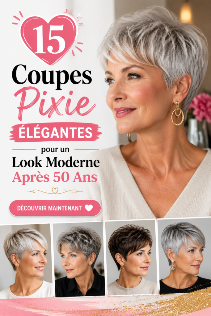 Femme souriante avec une coupe pixie élégante après 50 ans, le look moderne et chic