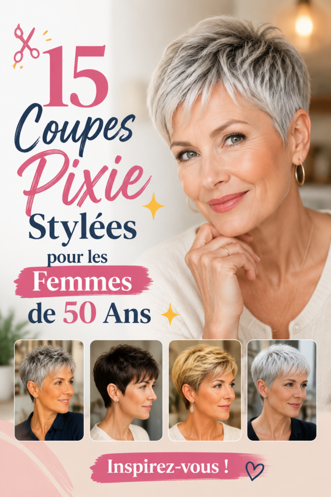 Une femme de 50 ans avec une coupe pixie élégante et stylée.