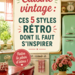 Une cuisine vintage chaleureuse avec des touches rétro, évoquant une ambiance nostalgique et conviviale