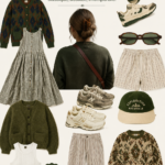 Une maman porte une robe vintage inspirée de la mode grand-parent, entourée d'objets rétro.