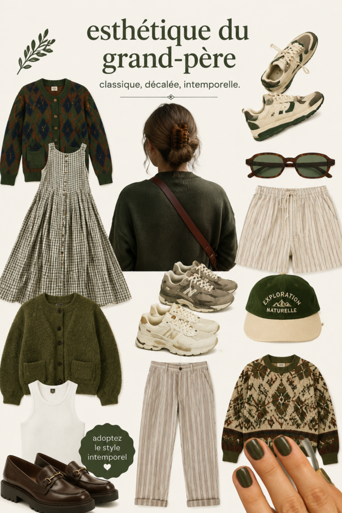 Une maman porte une robe vintage inspirée de la mode grand-parent, entourée d'objets rétro.