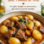 Un plat d'estofado de bœuf servi avec des pommes de terre dans une assiette élégante.