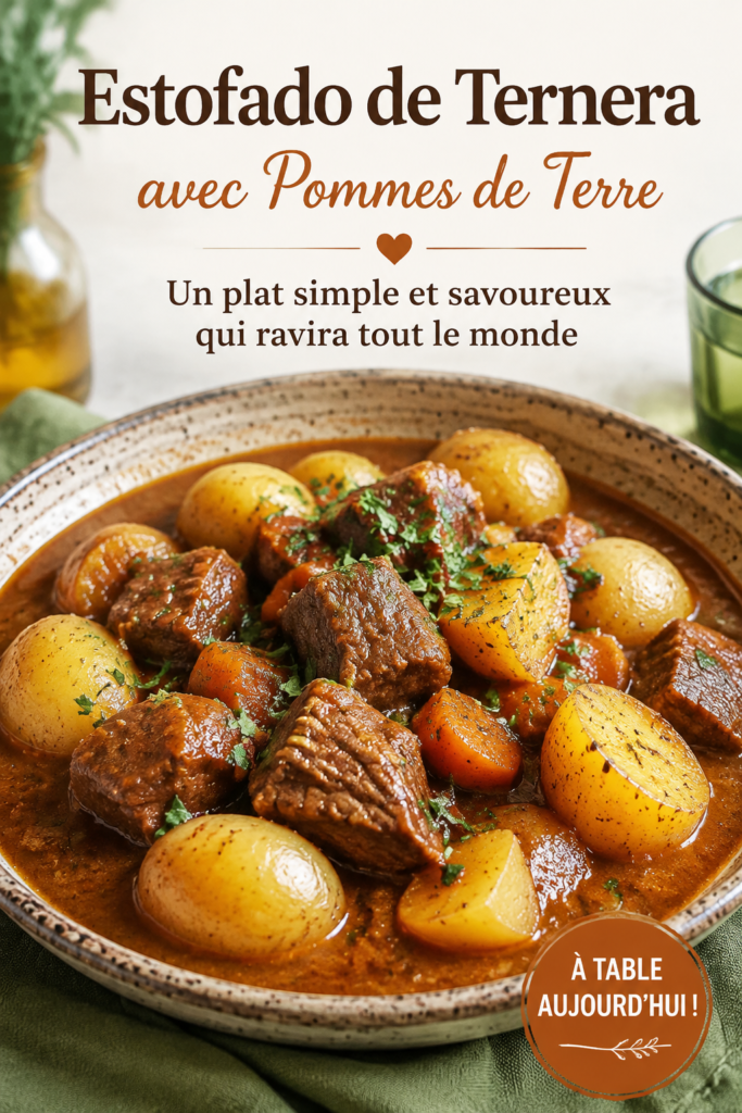 Un plat d'estofado de bœuf servi avec des pommes de terre dans une assiette élégante.