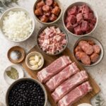 Une belle assiette de feijoada brésilienne garnie de viandes et de haricots noirs, prête à être servie.