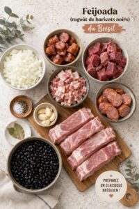 Une belle assiette de feijoada brésilienne garnie de viandes et de haricots noirs, prête à être servie.