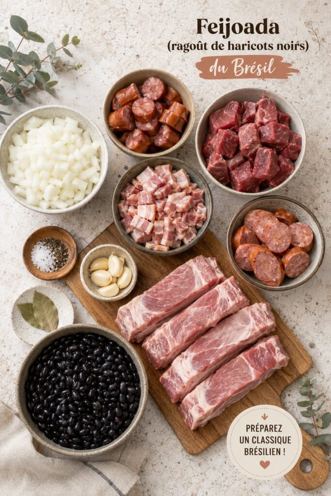 Une belle assiette de feijoada brésilienne garnie de viandes et de haricots noirs, prête à être servie.