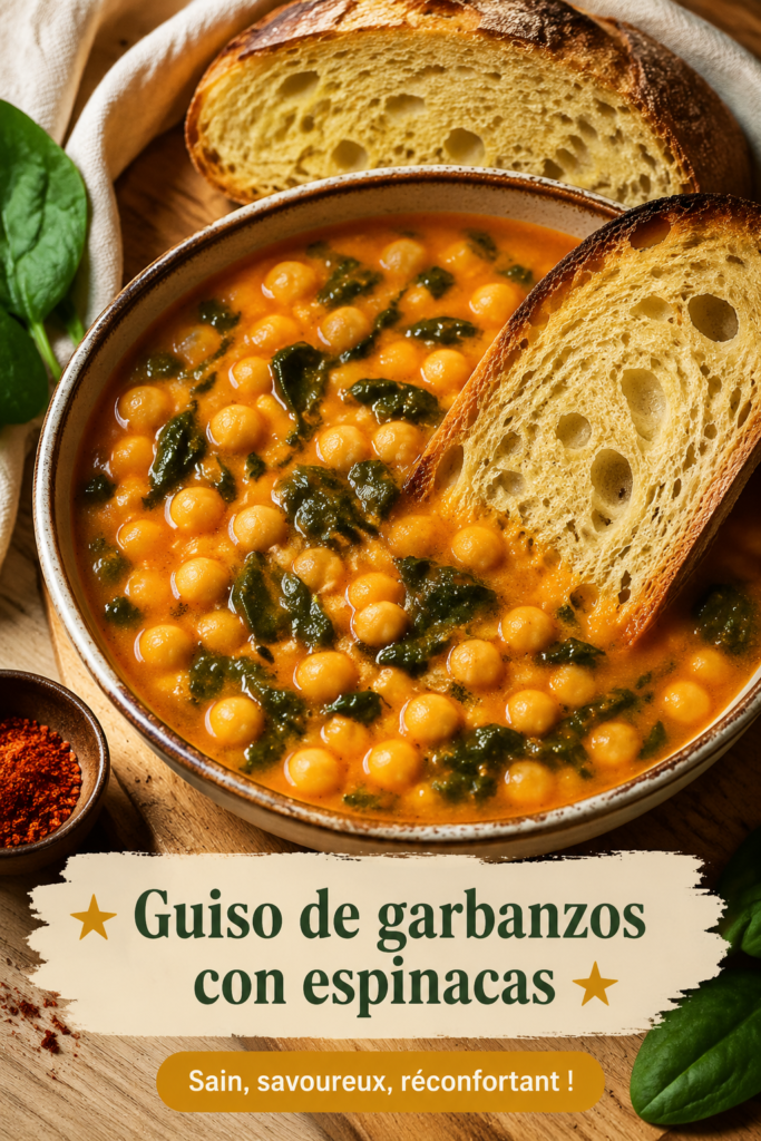 Un plat de guiso de pois chiches et épinards, coloré et appétissant.