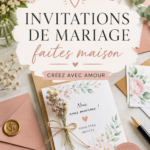 Invitations de mariage faites maison sur une table avec des fleurs et des éléments décoratifs