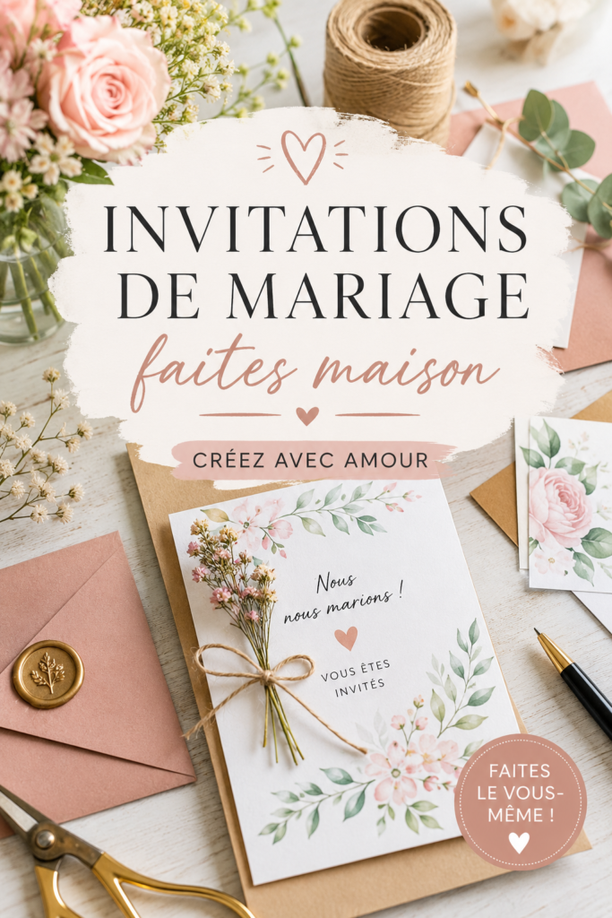 Invitations de mariage faites maison sur une table avec des fleurs et des éléments décoratifs