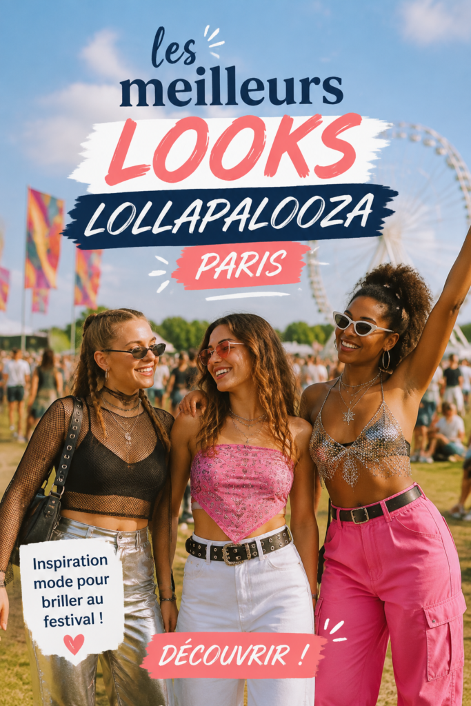 Femme portant une tenue tendance lors de Lollapalooza Paris, mélange de styles vintage et contemporain.