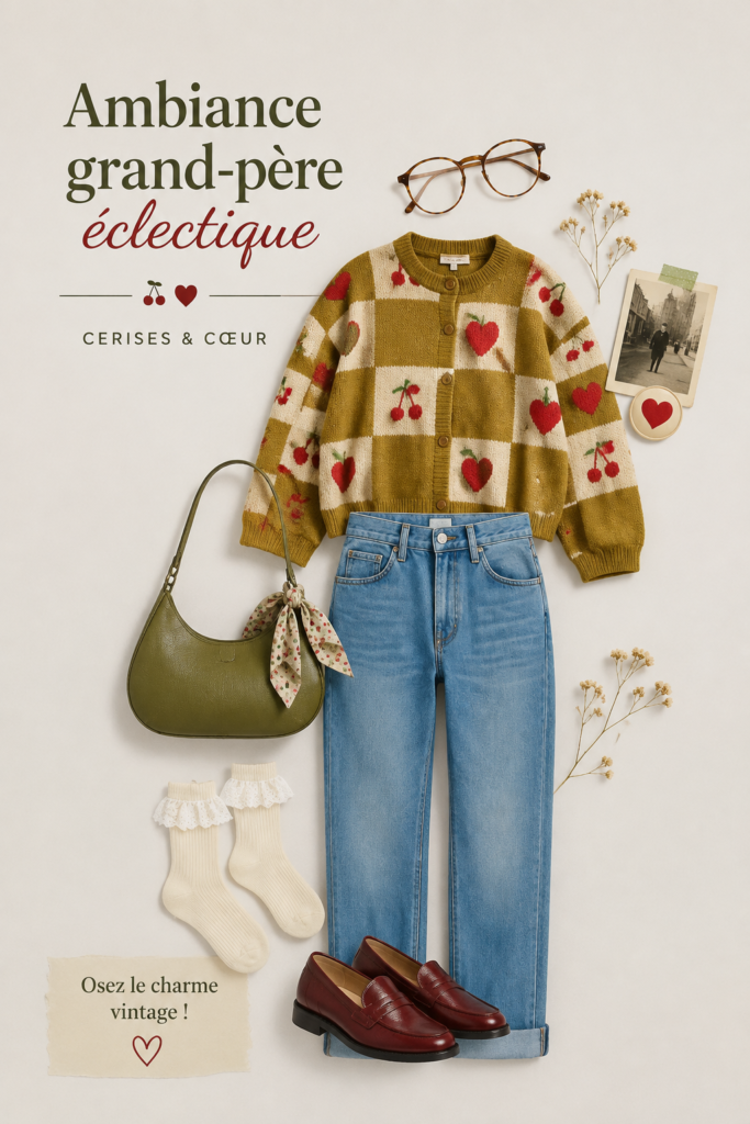Une maman avec un look vintage éclectique inspiré des grands-pères, associant confort et style.