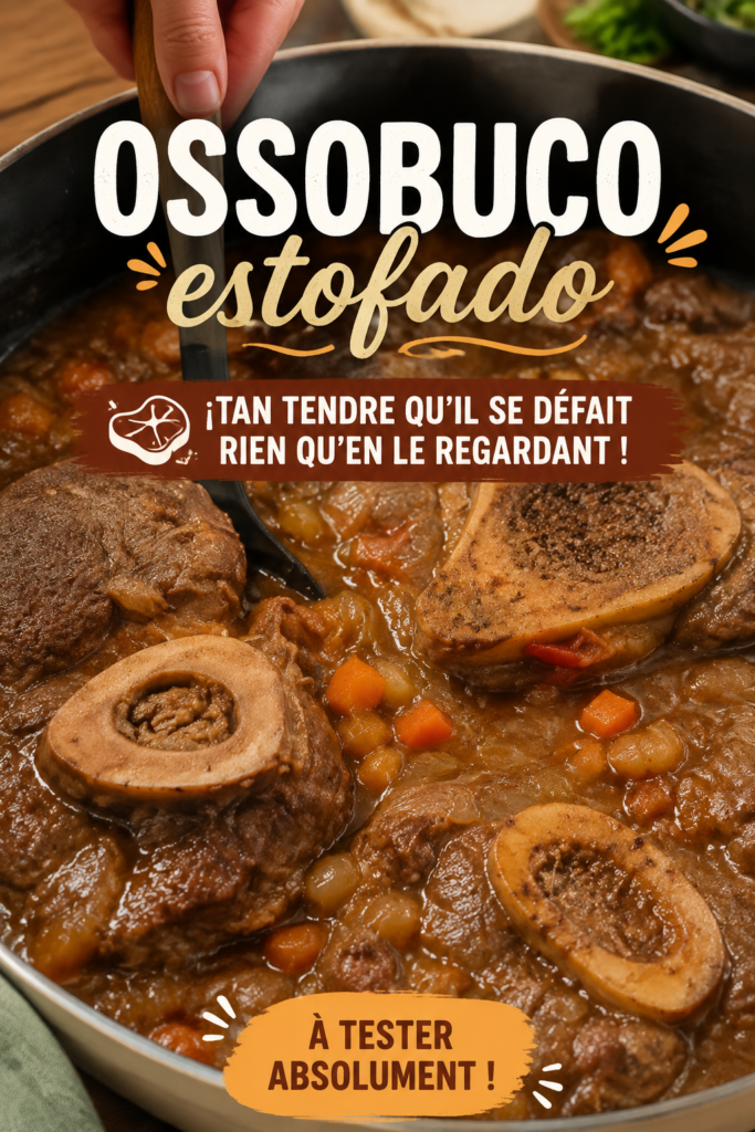 Assiette d'ossobuco estofado savamment présenté, prêt à être dégusté.