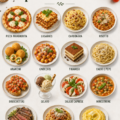 Plats italiens savoureux et colorés sur une table familiale.