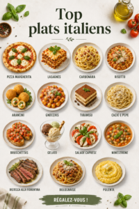 Plats italiens savoureux et colorés sur une table familiale.