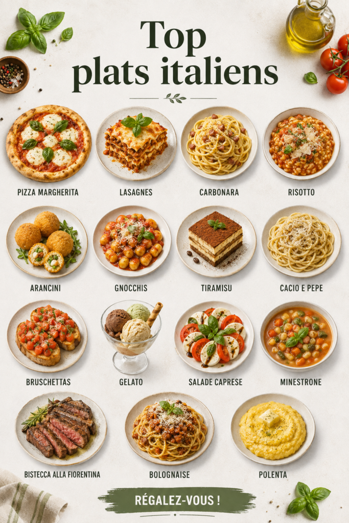 Plats italiens savoureux et colorés sur une table familiale.