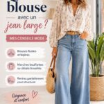 Femme souriante portant une blouse chic avec un jean large, style vintage.