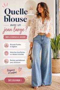 Femme souriante portant une blouse chic avec un jean large, style vintage.