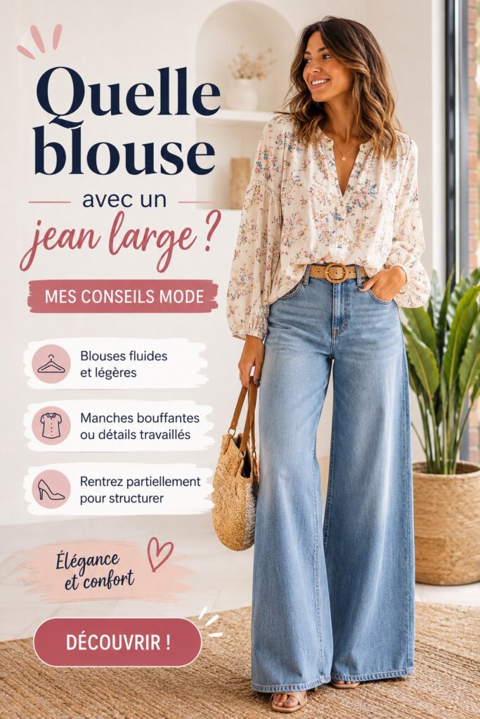 Femme souriante portant une blouse chic avec un jean large, style vintage.