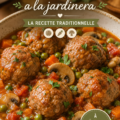 Une assiette de délicieuses albóndigas à la jardinera avec des légumes colorés.