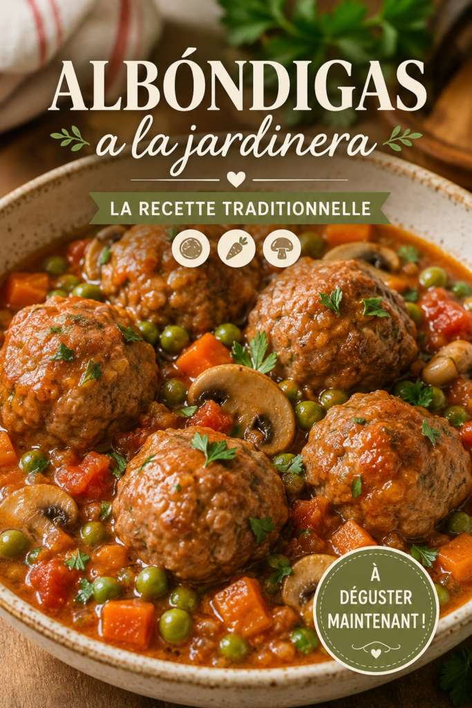 Une assiette de délicieuses albóndigas à la jardinera avec des légumes colorés.