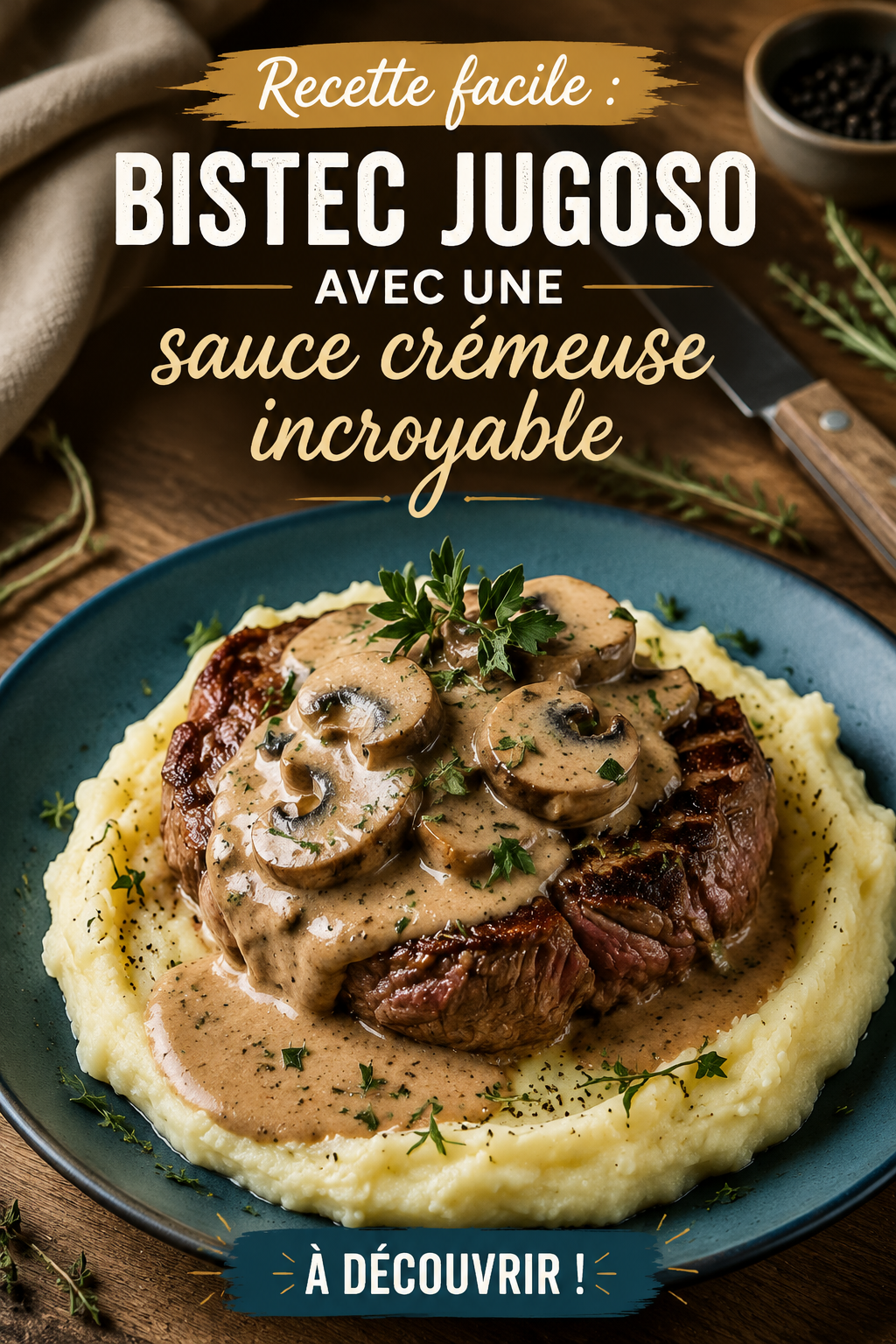 Bistéc juteux servi avec une sauce crémeuse sur une assiette