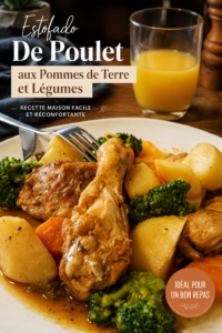 Un plat d'estofado de poulet garni de légumes et pommes de terre, prêt à être servi.