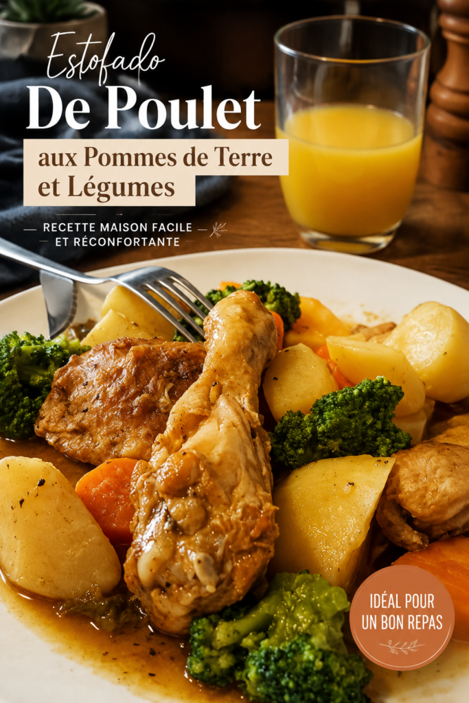 Un plat d'estofado de poulet garni de légumes et pommes de terre, prêt à être servi.