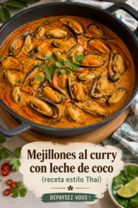 Moules au curry et lait de coco présentées sur une assiette avec des herbes fraîches.