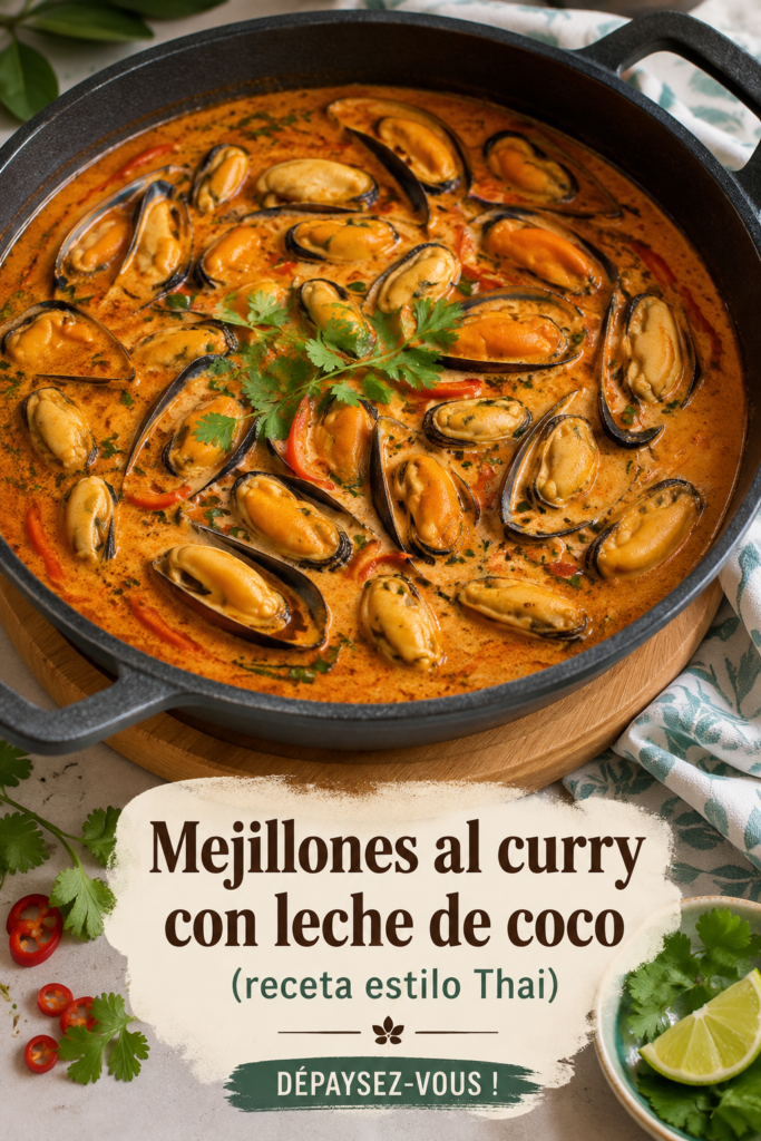 Moules au curry et lait de coco présentées sur une assiette avec des herbes fraîches.