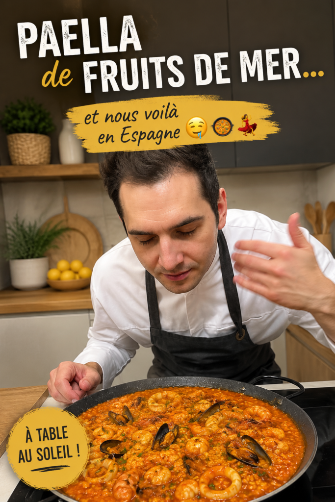 Recette de paëlla aux fruits de mer garnie de légumes colorés et présentée dans une poêle traditionnelle.