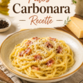 Assiette de pâtes carbonara avec une garniture de fromage frais