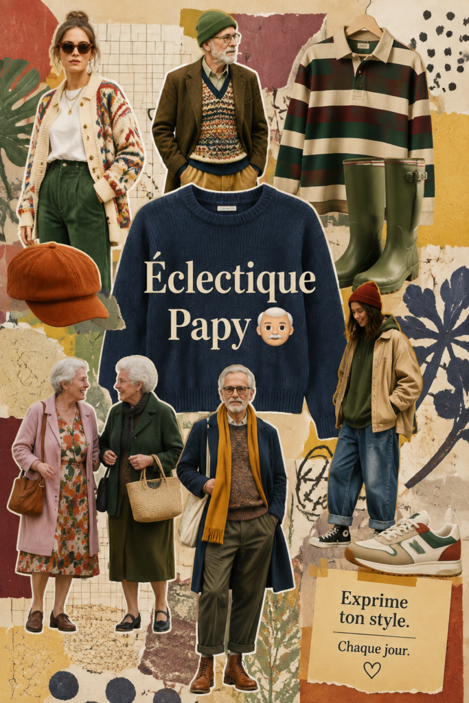 Une femme adoptant un style éclectique inspiré des grands-pères avec des vêtements vintage.