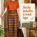 Femme mature portant un look nerd chic avec des lunettes et un pull stylé.