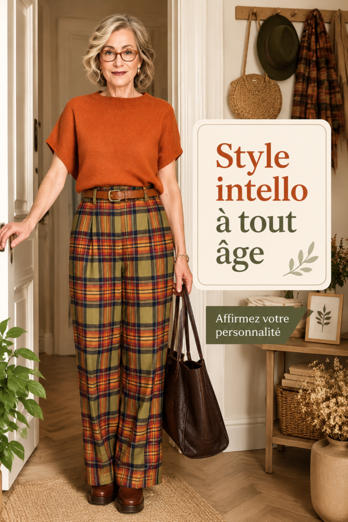Femme mature portant un look nerd chic avec des lunettes et un pull stylé.
