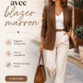 Femme portant un blazer marron élégant avec un pantalon noir et une blouse blanche.