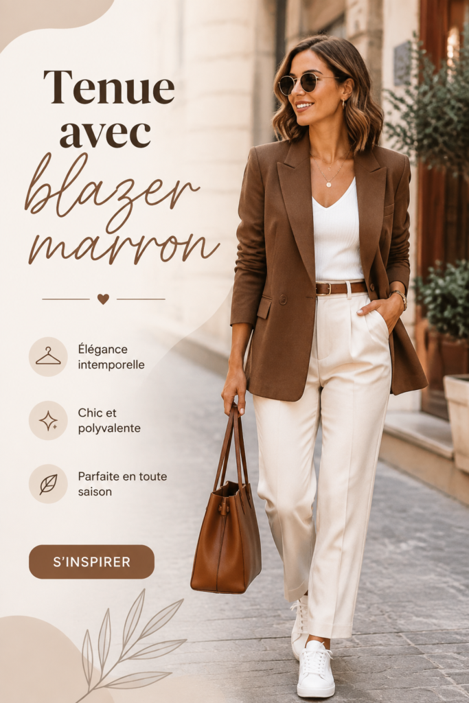 Femme portant un blazer marron élégant avec un pantalon noir et une blouse blanche.