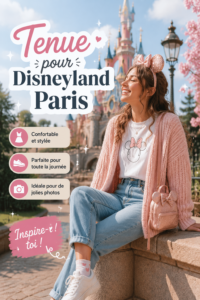 Tenue vintage chic pour une visite à Disneyland Paris, avec une mère et ses enfants en arrière-plan