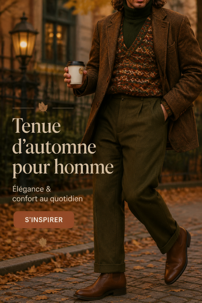 Une sélection de tenues d'automne pour hommes comprenant des vestes, pulls et accessoires stylés.