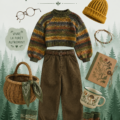 Une maman en tenue goblincore, explorant une forêt verdoyante, inspirée par la nature.