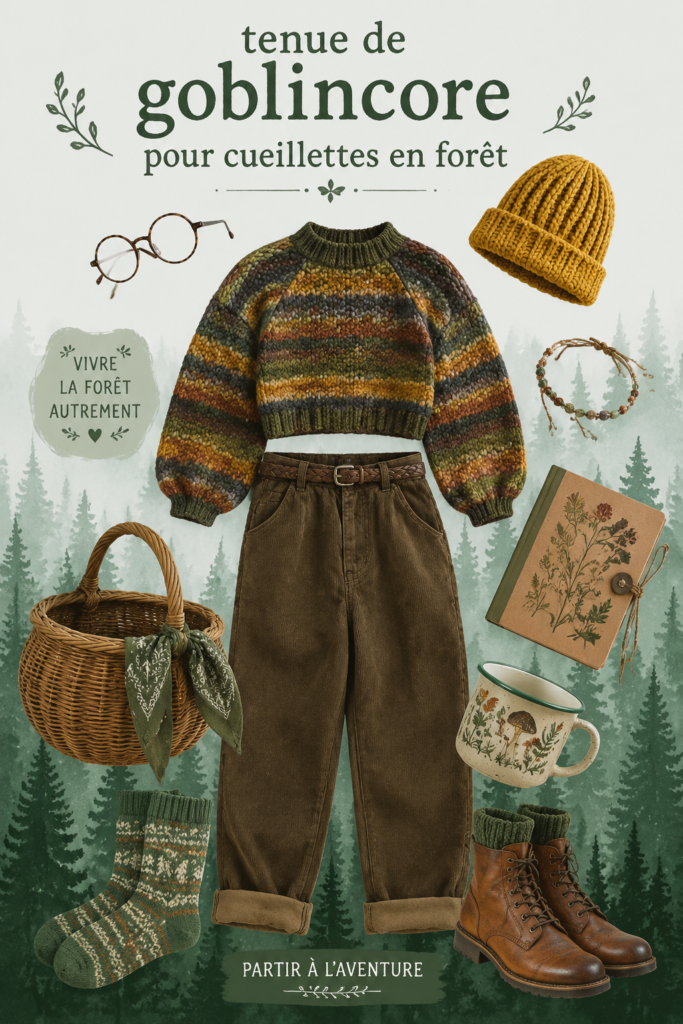 Une maman en tenue goblincore, explorant une forêt verdoyante, inspirée par la nature.