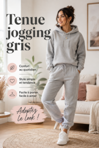 Dame portant un jogging gris stylé dans un cadre urbain
