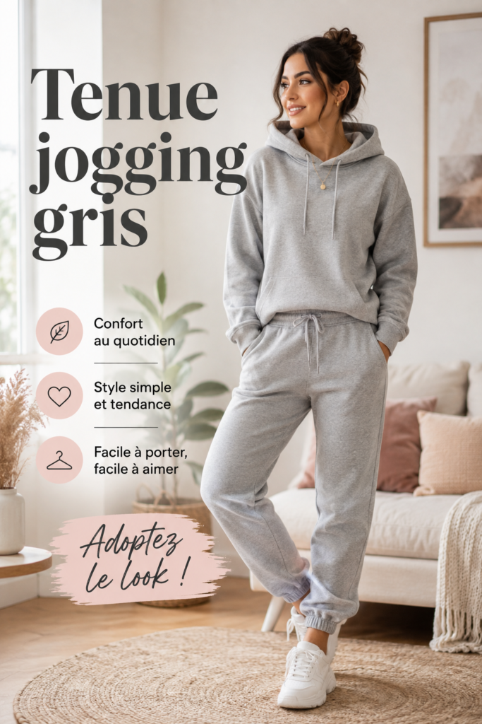 Dame portant un jogging gris stylé dans un cadre urbain