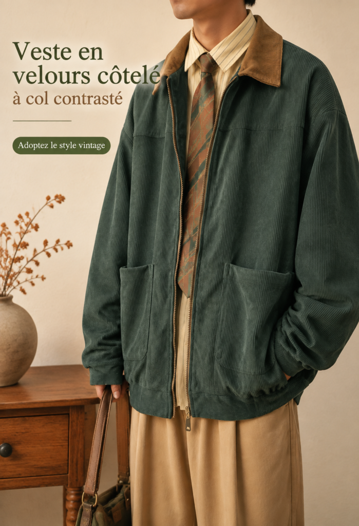 Veste vintage en corduroy de couleur contrastante sur un fond neutre