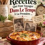Une table familiale bien dressée avec des plats vintage.