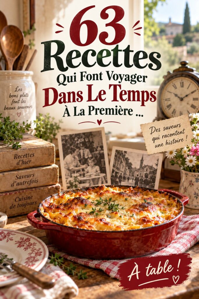 Une table familiale bien dressée avec des plats vintage.