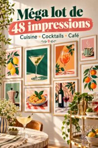 Affiches vintage de café et de cocktails accrochées dans une cuisine moderne.