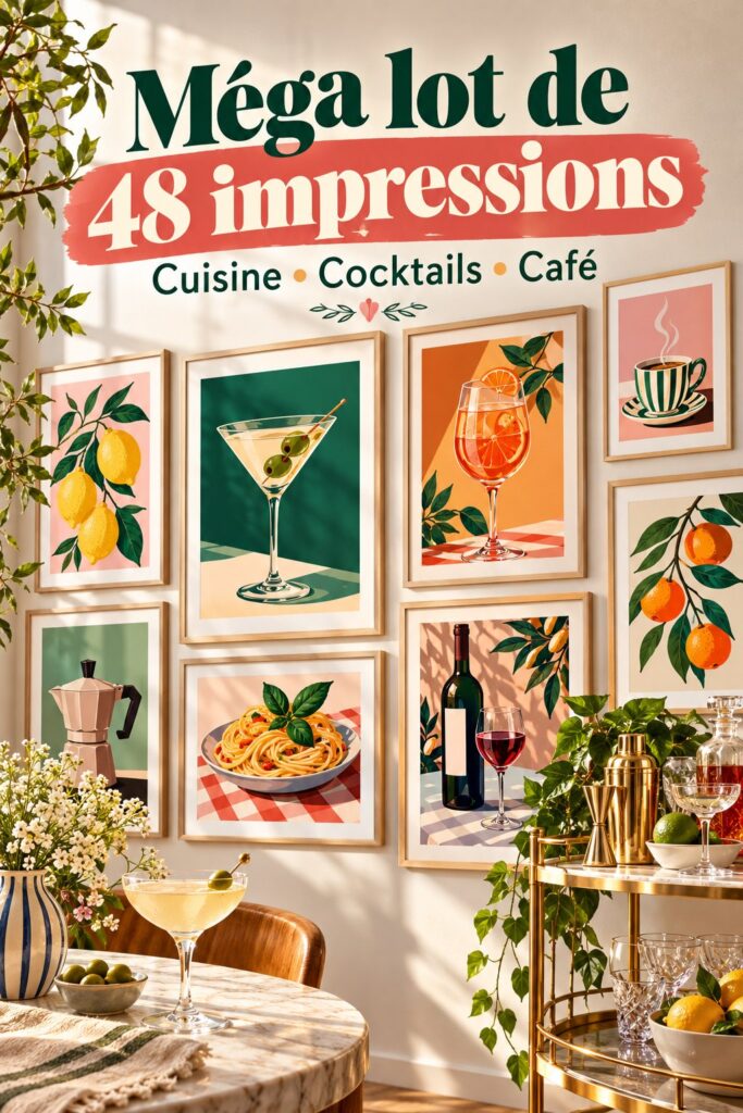 Affiches vintage de café et de cocktails accrochées dans une cuisine moderne.