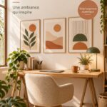 Espace de travail avec affiches en art minimaliste pour une ambiance chaleureuse