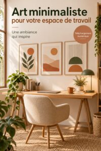 Espace de travail avec affiches en art minimaliste pour une ambiance chaleureuse