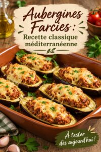 Texte sur une délicieuse assiette de berenjenas rellenas, plat méditerranéen.